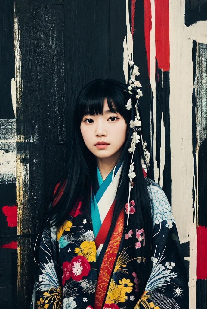 One person, Black Hair, abstract expressionism, Long Hair, Character portrait, kimono