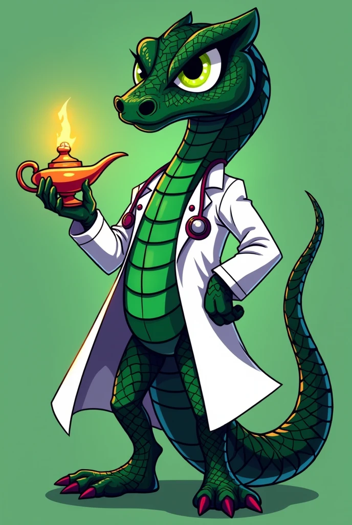 A mascot character for nursing class xlii, inspired by a green and black snake, holding a genie lamp, with green eyes and a defiant look, wearing an open white coat and a stethoscope around his neck
