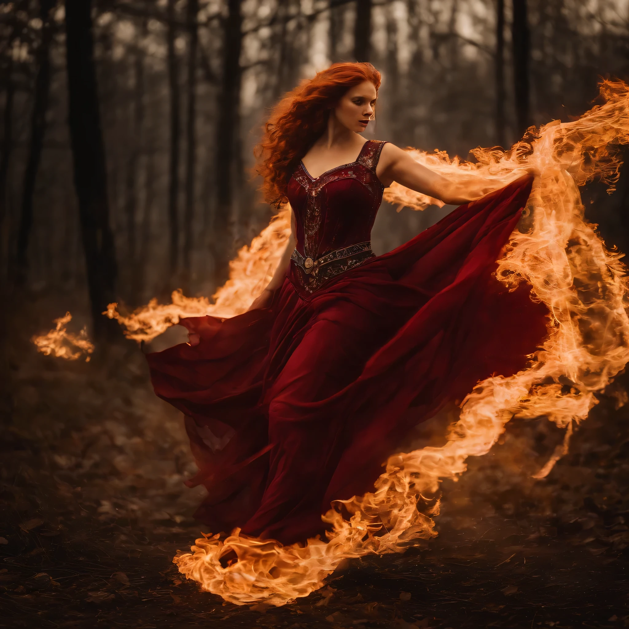 Full figured fire faerie with blazing light auburn hair, long and wavy, flying into battle with her (black and red)wings spread, her magical ethereal bow drawn and aimed at her foe on the ground below her