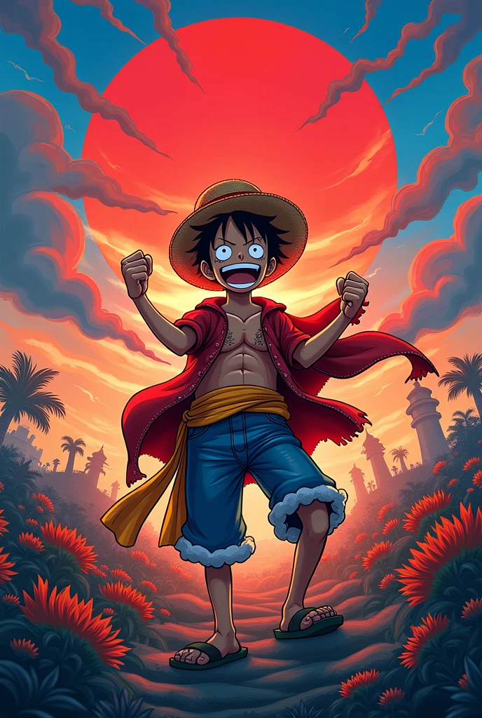 Generates an image of Luffy looking energetic. 4K
