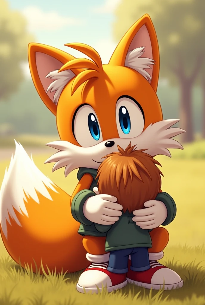 Tails hugging a kid with his shoes and gloves on