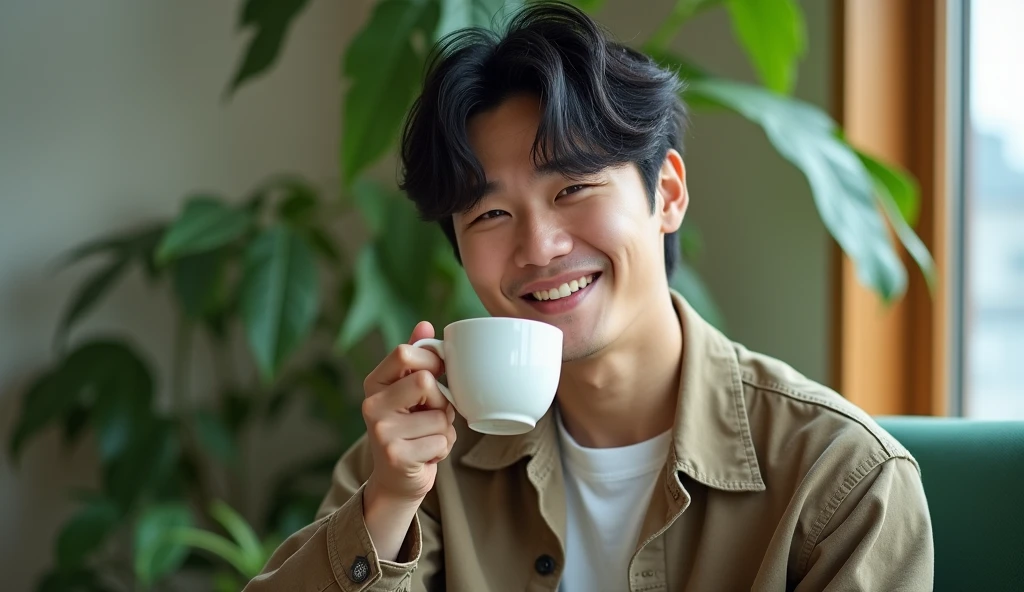 A Japanese male college student wearing fashionable clothes is drinking tea in a green chair with a cheerful expression,Excited, Photo of your face, In the room, with a natural look, With a slightly tired look, tilt your face a little, Diagonal orientation, Average face