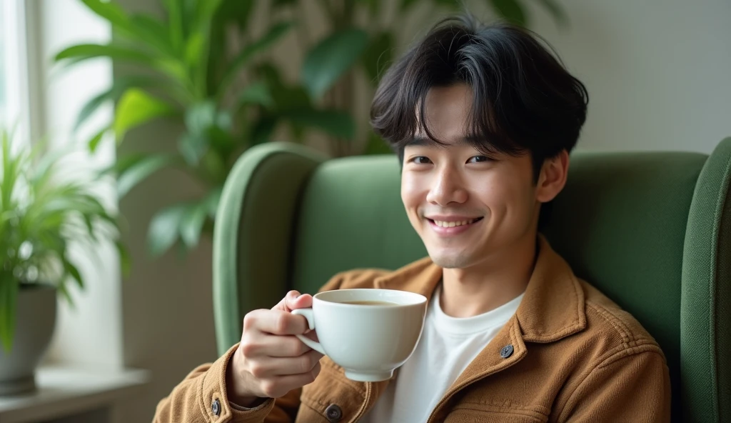 A Japanese male college student wearing fashionable clothes is drinking tea in a green chair with a cheerful expression,Excited, Photo of your face, In the room, with a natural look, With a slightly tired look, tilt your face a little, Diagonal orientation, Average face