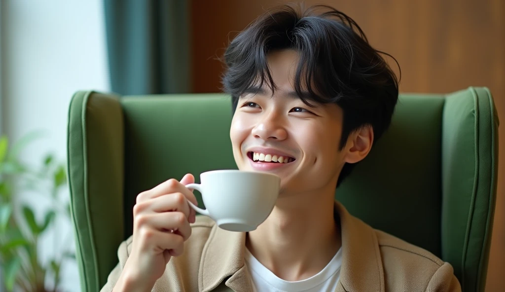 A Japanese male college student wearing fashionable clothes is drinking tea in a green chair with a cheerful expression,Excited, Photo of your face, In the room, with a natural look, With a slightly tired look, tilt your face a little, Diagonal orientation, Average face