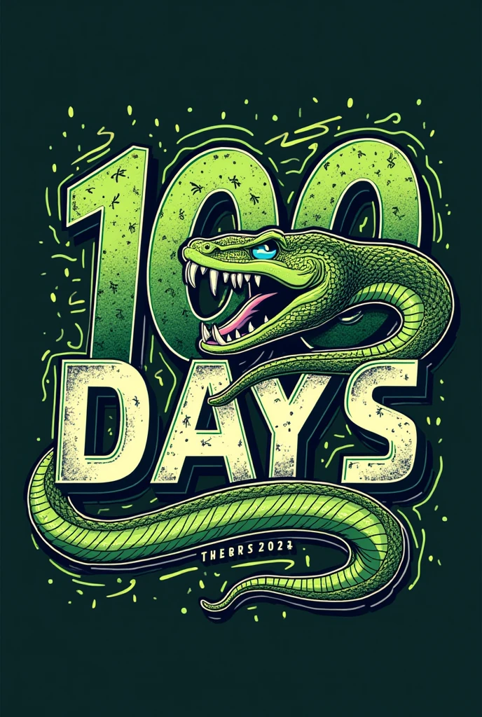 Create a written blouse designs "100 days" highlighted in green on the first line and third-year 2024 written below in a smaller font. Coloque uma cobra com o contorno branco passando pelos 100 days e abrindo a boca em cima dos 100 days. Put a more sporty design