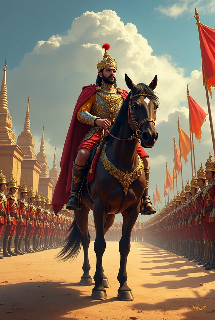 Military review
King Parakramabahu reviews his troops in a military parade. He is depicted on horseback, overseeing the formations of soldiers and showcasing his leadership and military prowess.