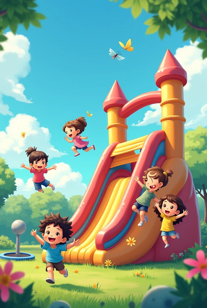 advertising poster showing children playing in their decent clothes on a bounce house with a slide, Where everything is very safe for everyone. It looks like a 2d Japanese anime drawing. Don't forget the trampoline part