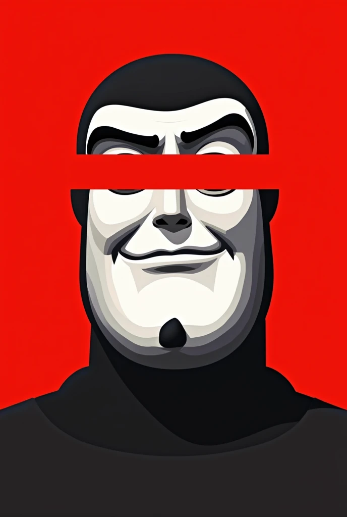 A stylized Art vectoriel portrait of a Buzz Lightyear with a black and white face, partiellement obscurci par une bande rouge audacieuse sur ses yeux et sa bouche. L'arrière-plan est rouge uni. La figure semble solennelle, Art vectoriel, symmetrical
