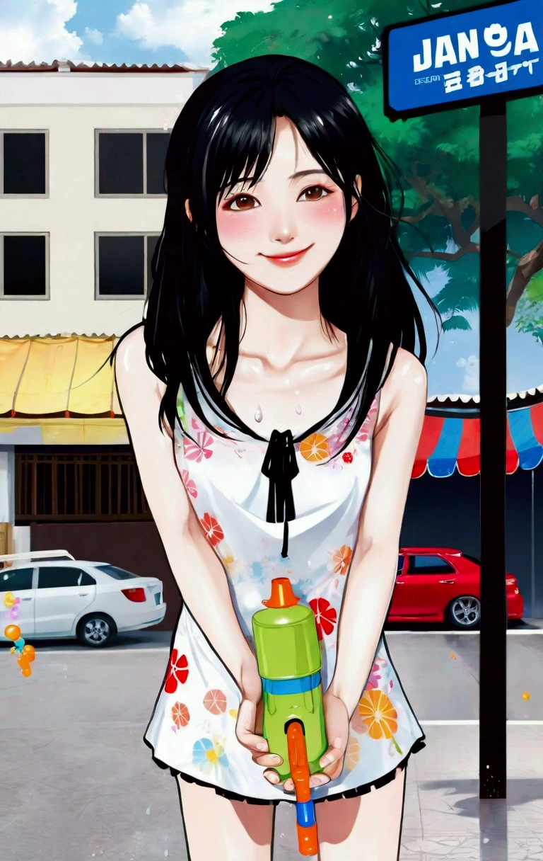 realistic anime illustration of pretty young woman is playing a watergun at Songkran Festival in Bangkok, smiling, slightly wet her body, she has black long hair, wearing white sleeveless mini dress, (1girl, solo, full body), (masterpiece, best quality, japanese anime style), (expressive eyes, perfect face)
