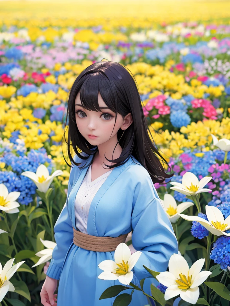 Light blue and yellow flowers, woman with flowers in her hair, Dark Hair, Organic and natural composition, Flower Field