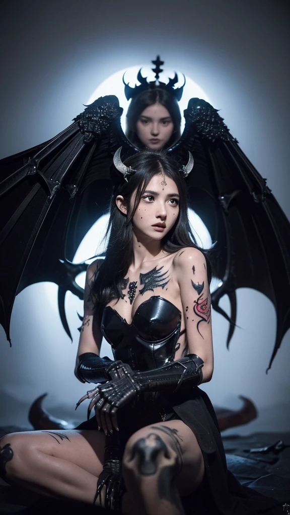 Image of a skeleton sitting on a stone throne, In the old castle, A complete but very old skeleton, (Realistic picture, highest resolution, 16ก), (A demon with wide wings and immense power on her shoulders., Twelve wings on the shoulders., Three black bat wings:1.5 , 3 white angel wings:1.5), Has 100 wings on the shoulders, There are 1000 wings that flow., Twelve wings on the shoulders., black bat wings:1.3 white angel wings:1.5), 6 angel wings, 6 devil wings, ((Small pieces of armor), The horns that grow out of the skull like a crown, Resolution 4000 x 2250 pixels, beautiful gesture, Angel wings and devil wings, (Realistic picture, highest resolution, 16K), (RAW shooting:1.5, realistic:1.5, Fantasyมืด:1.5, 8ก), (Highest quality, Masterpiece, Ultra high resolution), The Desolated Demon World, ((Perfect dynamic composition:1.7, A mole on the bone that looks like a tattoo:1.6)), Six pairs of large wings, Large devil wings, The size of the devil's wings, Amazing wings, Female skeleton with wing bones, Interior scene of an ancient castle, castle ruins, Skeleton of the Demon God, Magic, magic, Fantasy,