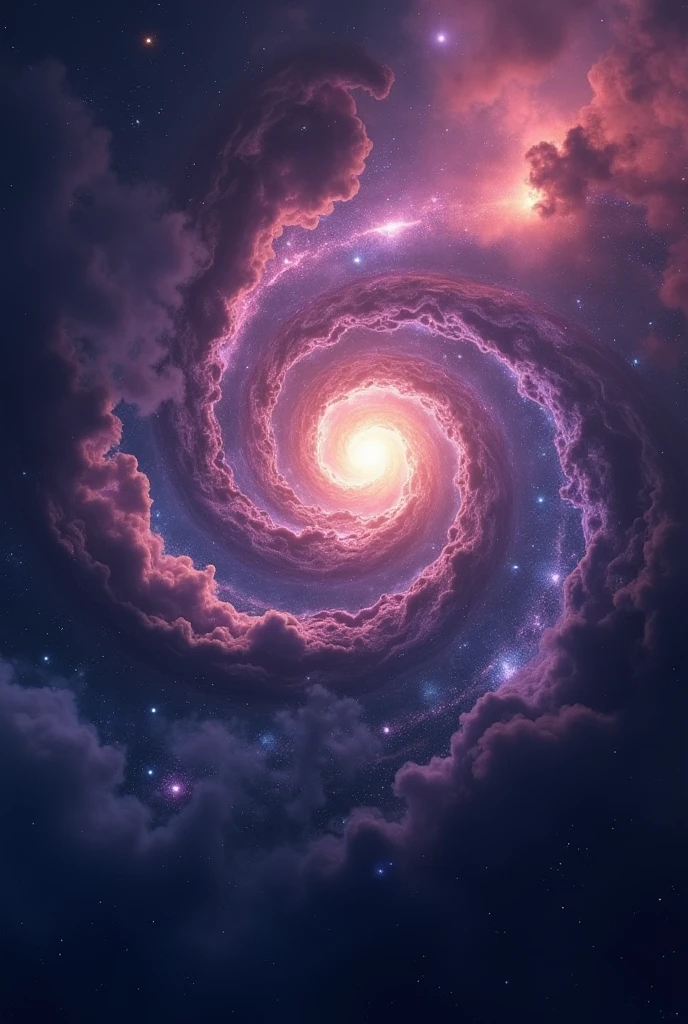 The universe with its galaxies, purple and dark blue in a spiral with a redder haze in the center