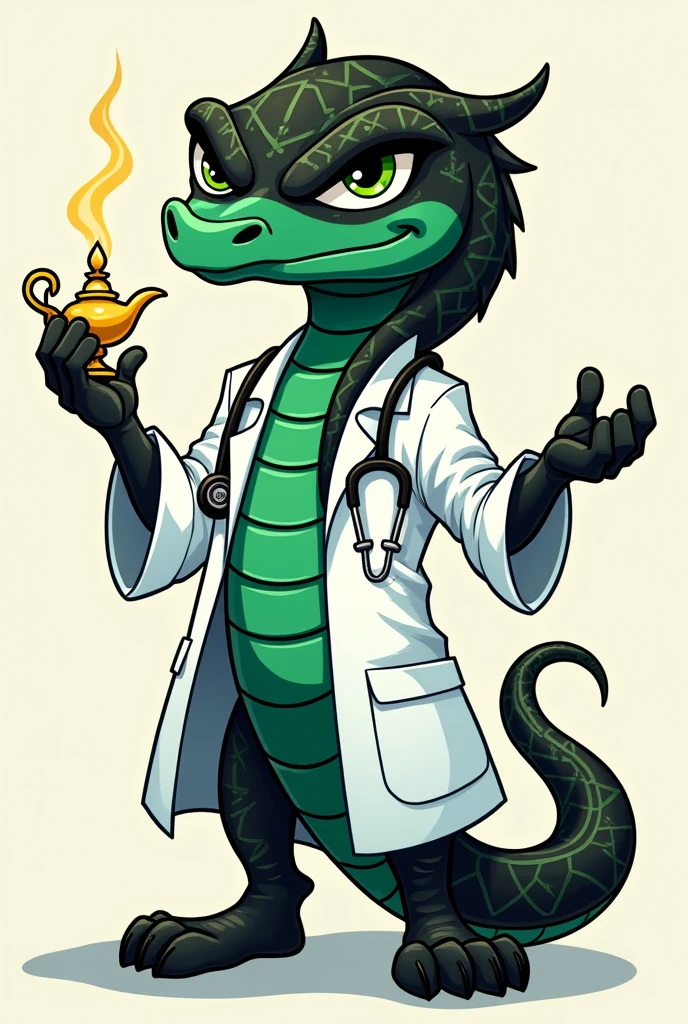 A mascot character for nursing class xlii, inspired by a green and black snake, holding a genie lamp, with green eyes and a defiant look, wearing an open white coat and a stethoscope around his neck without his hand on his waist