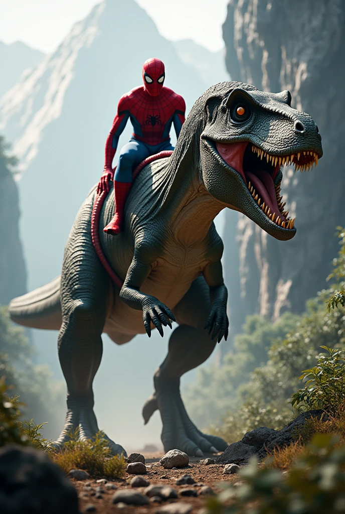 Spider-Man sitting ing on the back of a large danger dinosaurs, dinosaur walking forward