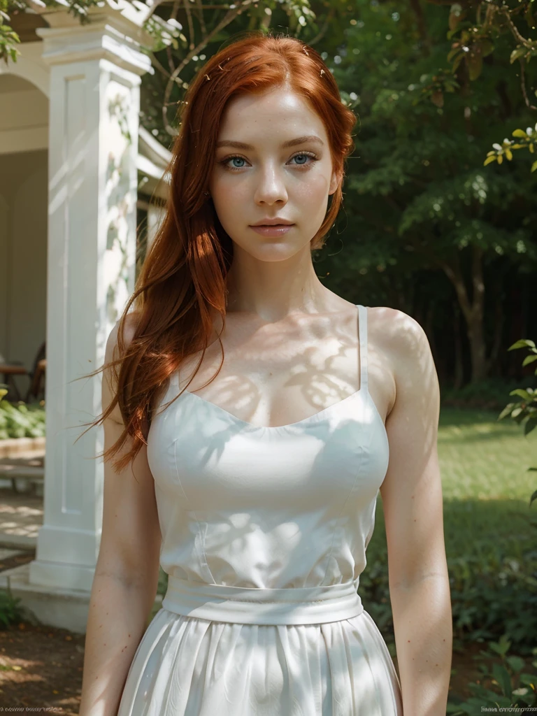 a beautiful girl with red hair and blue eyes, long eyelashes, flawless porcelain skin, serene expression, wearing a flowing white dress, sunlight filtering through trees, idyllic garden setting, birds in the background, cinematic lighting, vibrant colors, digital painting, highly detailed, photorealistic, masterpiece