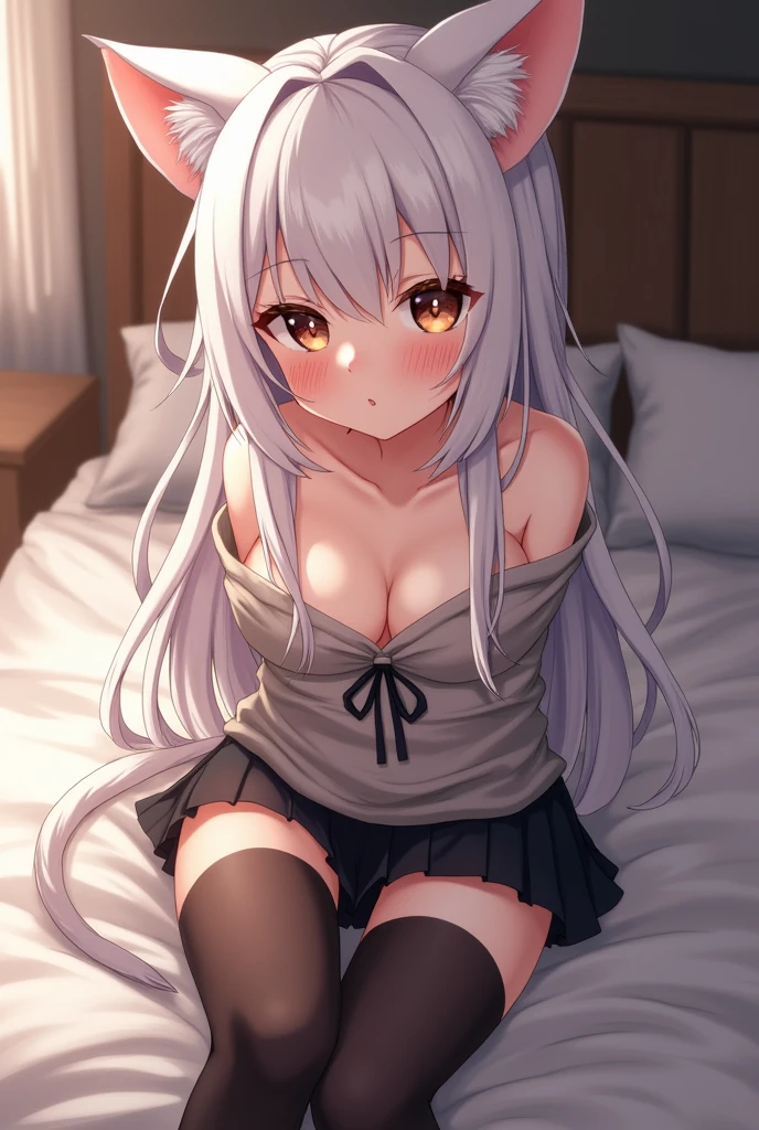 A   cat girl with long white hair in a short skirt and black stockings sits on a bed in a sexy pose.There is an expression of embarrassment on his face.Her cat ears drooped slightly.