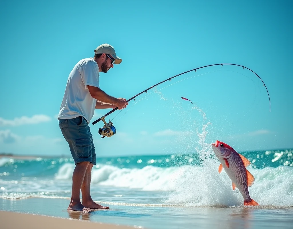 Professional photos, The hook landed on the water, Thrown from a fishing pole, Red Snapper biting from jetty, dynamic motion, Clear Ocean Beach blue water surf casting, (surf casting), A fisherman can be seen on the beach in the background looking towards us., Bend the surf rod in your hand, Staring intently at the fish, BREAK The moment the fish bites the hook, and…