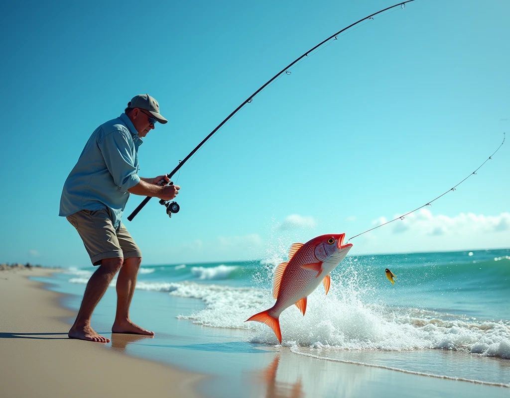 Professional photos, The hook landed on the water, Thrown from a fishing pole, Red Snapper biting from jetty, dynamic motion, Clear Ocean Beach blue water surf casting, (surf casting), A fisherman can be seen on the beach in the background looking towards us., Bend the surf rod in your hand, Staring intently at the fish, BREAK The moment the fish bites the hook, and…