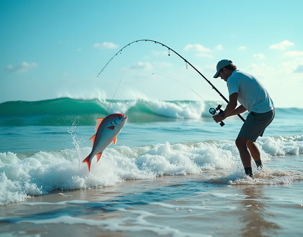 Professional photos, The hook landed on the water, Thrown from a fishing pole, Red Snapper biting from jetty, dynamic motion, Clear Ocean Beach blue water surf casting, (surf casting), A fisherman can be seen on the beach in the background looking towards us., Bend the surf rod in your hand, Staring intently at the fish, BREAK The moment the fish bites the hook, and…