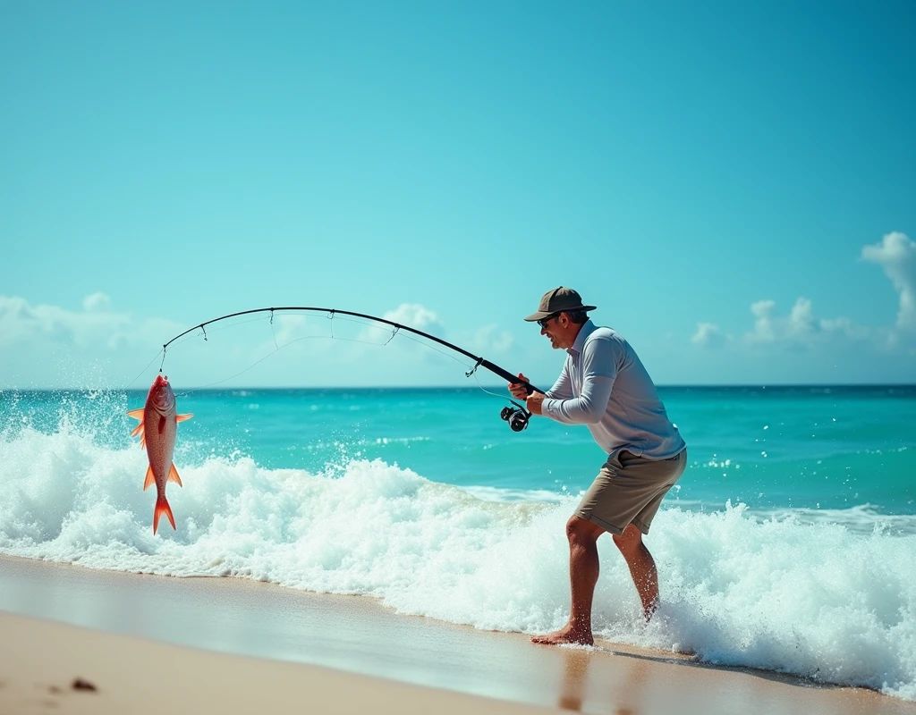 Professional photos, The hook landed on the water, Thrown from a fishing pole, Red Snapper biting from jetty, dynamic motion, Clear Ocean Beach blue water surf casting, (surf casting), A fisherman can be seen on the beach in the background looking towards us., Bend the surf rod in your hand, Staring intently at the fish, BREAK The moment the fish bites the hook, and…