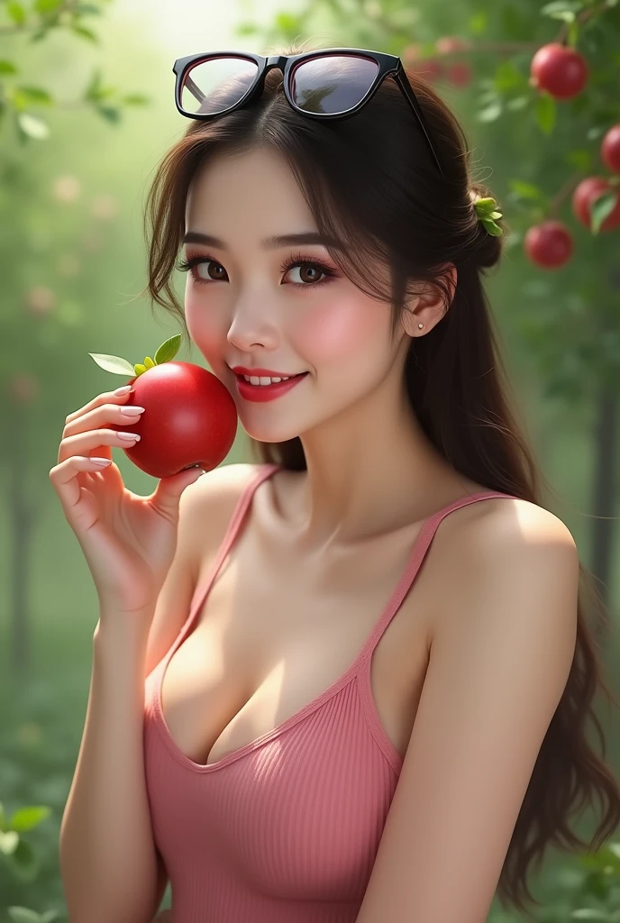 Create a Chinese woman with big breasts and a pink tank top with glasses eating an apple 