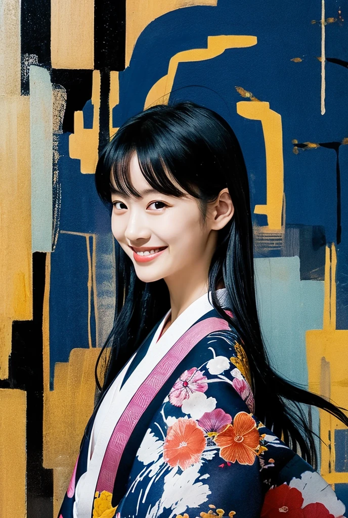 One person, Black Hair, abstract expressionism, Long Hair, Character portrait, A seductive smile, kimono