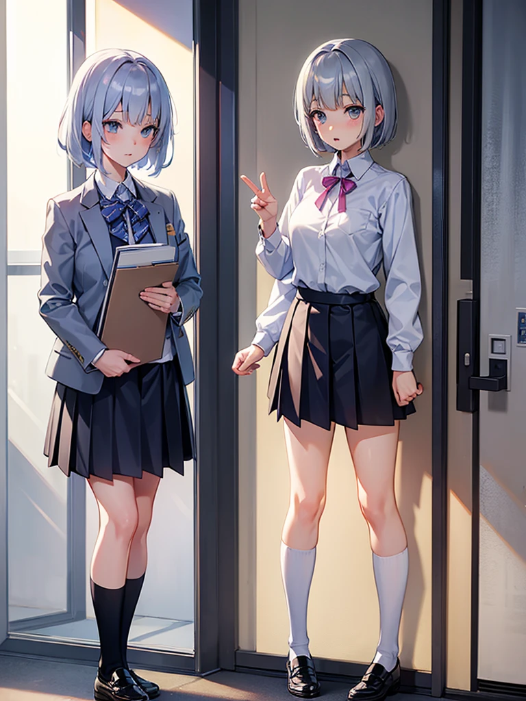 Female, Manga, Japanese, Anime, Pastel, silver hair, short cut, cute,  Seventeen,   near future, bright, natural, atmosphere, a little quirky transparent, high school girl, uniform, goddess