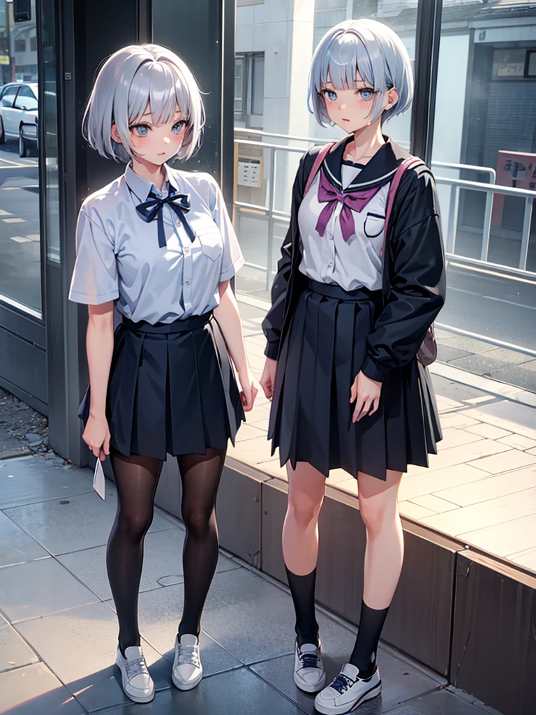 Female, Manga, Japanese, Anime, Pastel, silver hair, short cut, cute,  Seventeen,   near future, bright, natural, atmosphere, a little quirky transparent, high school girl, uniform, goddess