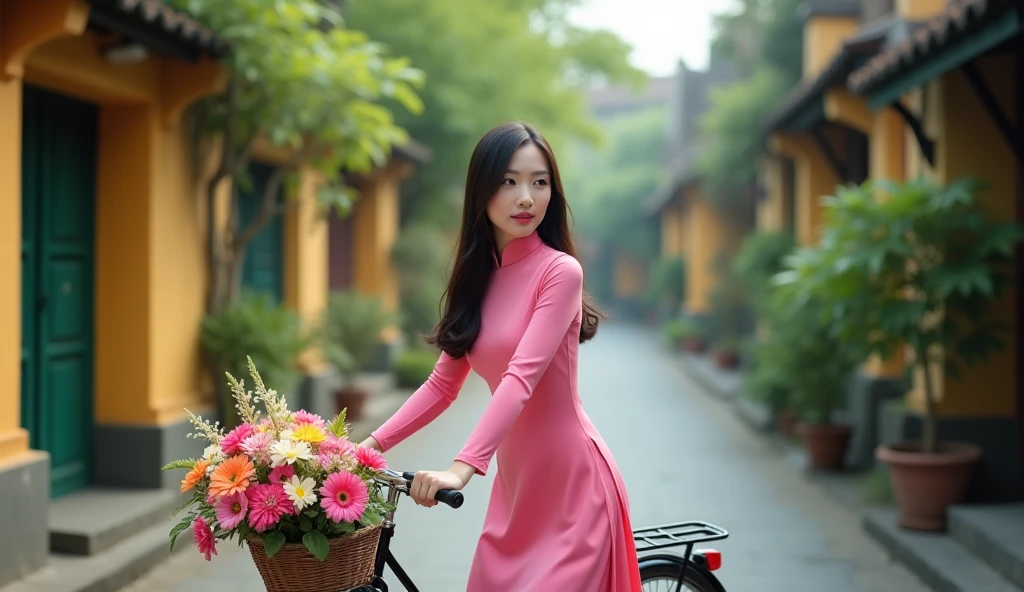Make a photo of a Vietnamese female model wearing a white Ao Dai. Riding a bike on an old street. 50mm lens. bright. realistic. Focus your eyes well. Full shot. Make a basket and a bouquet of flowers in front of the bike. Make both eyes the same size.