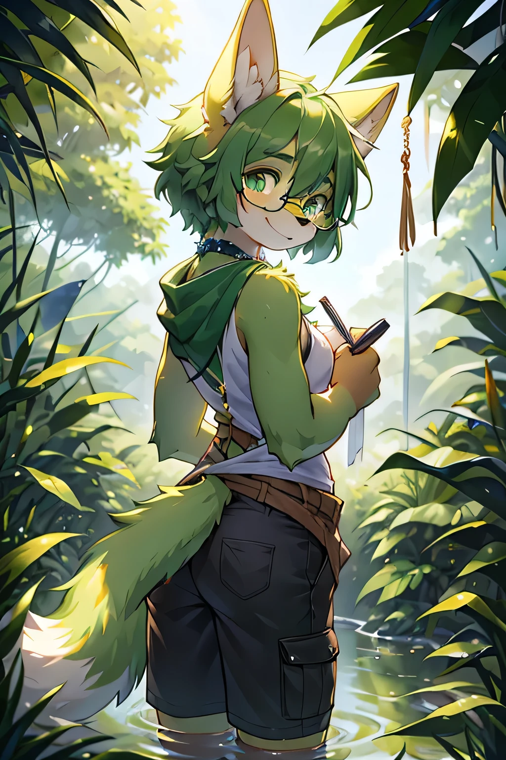 1 Yellow-green wolf boy，Dark green hair，big ear，A green diamond crystal necklace hangs around her neck，Reflective，Star-shaped luster，Morning Sunshine，Tyndall effect，The sun shines through the leaves on my face，hairy，Golden plush glow，Wearing black W-shaped glasses，Holding a dogtail grass in his mouth，A notepad and pen hanging around the waist，Dark green cargo shorts，white big paw，Large, fluffy tail，Standing upright，look back，Akimbo，Smile，Has emerald green pupils and whites，The facial features are in the right position。Rainforest，Green ambient color，The border with blue，Strong light and shadow，Shade Edge，In the meadow，Fruit trees，Banana leaves，Banana Tree，orange，tangerine，On the transparent stream。full-body shot，nearl。