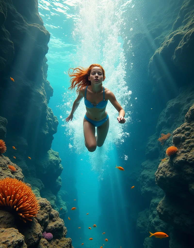 portrait photo,(add_detail:1.5), (close up of 1 girl swimming at high speed above underwater canyon), (DEN_miss_morgane, 2), (blue bikini), bubbles, (underwater sea life, lush, corals, lively, bio diversity), (masterpiece, highest quality), 8K UHD, (film grain:1.2),(Fujifilm XT3:1.2), extremely detailed, full body,auburn hair,fair skin