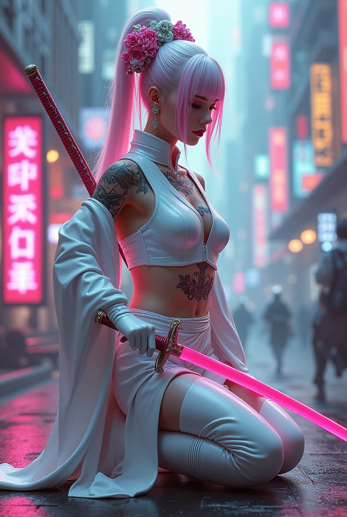geisha. pink and white hair. White samurai armor. Shiny pink katana. Cyberpunk Background . on his knees . oni mask. tattooed 