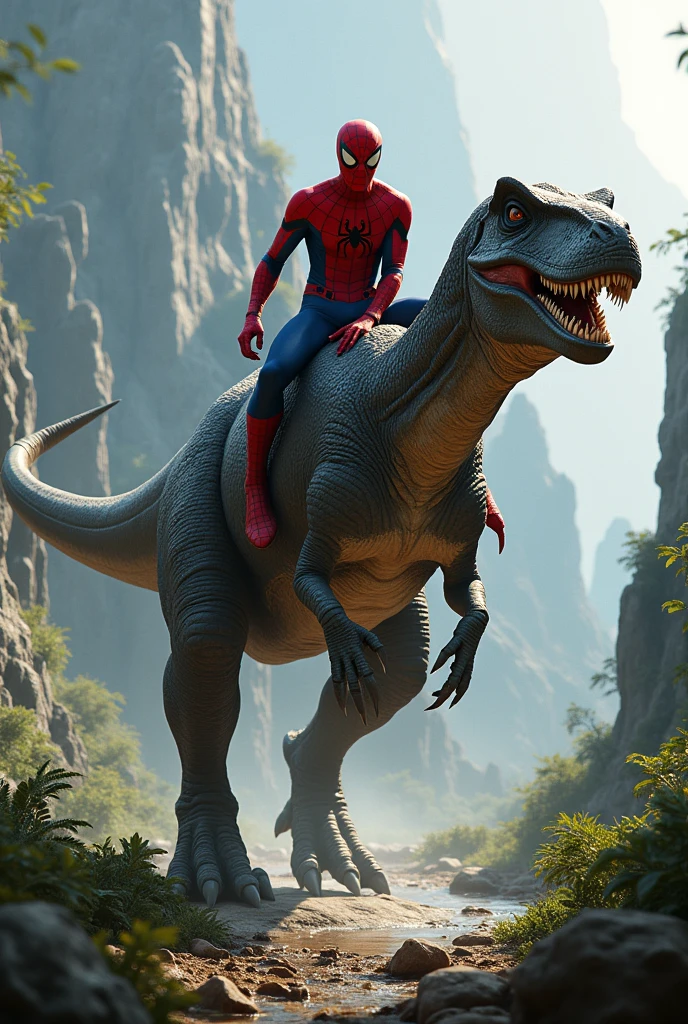 Spider-Man sitting ing on the back of a large danger dinosaurs, dinosaur walking forward
