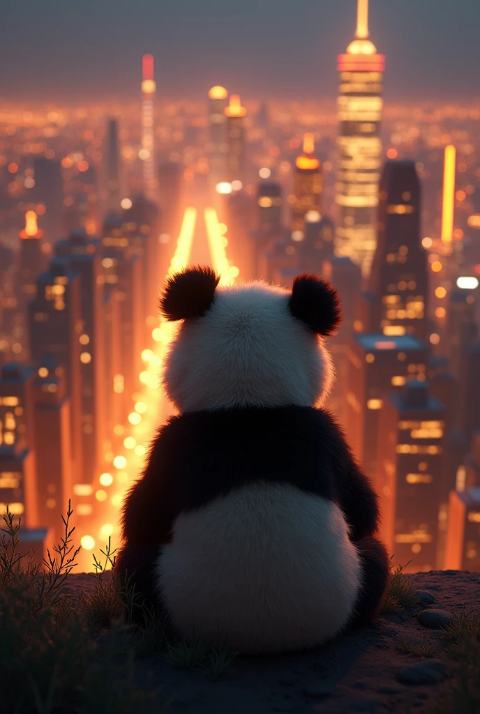Highest quality、A futuristic city enveloped in golden neon lights、Watching from on high、Night view、8k、Fluffy, Panda&#39;s soft back