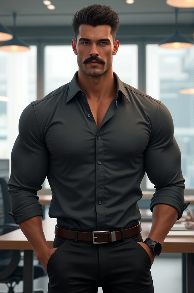 (armface:1.3) , Handsome young man standing, (have a mustache:0.8) , (short hair:1.2), The forearms are muscular., (Button-down collared shirt:1.2), (black shirt:1.2),black pants, Big muscles, Handsome and muscular, full body angle, (Working in the office:1.1)