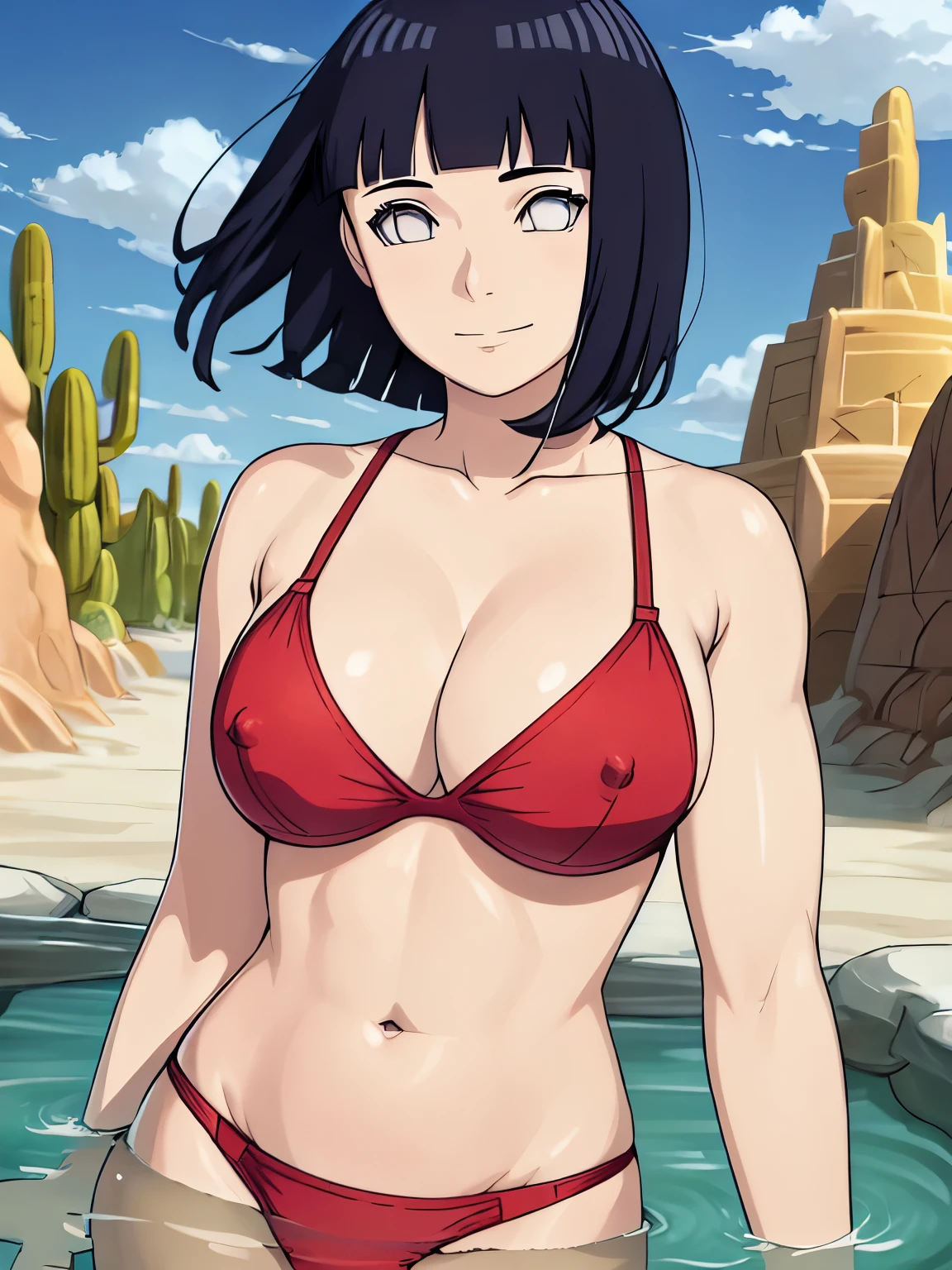 (hinata\(boruto\), (high quality:1.8), upper body:1.5, (curvy body:1.5), (ultra detailed body:1.4), (desert:1.7), (desert:1.7), (anime, tall woman, cowboy shot, ((arm curves:1.0), (defined biceps arms:1.2), (body submerged:1.2), ((red thong, perky nipples, bare arms, bare arms, bare shoulders)), (red bra:1.2), (wide shoulders, off-shoulders), smile), (big breasts:0.9) ,(cleavage:0.8), closed mouth), ((pale skin)). ((dark blue:1.3, short hair, hime cut، loose hair, floating hair, floating hair:1.0),