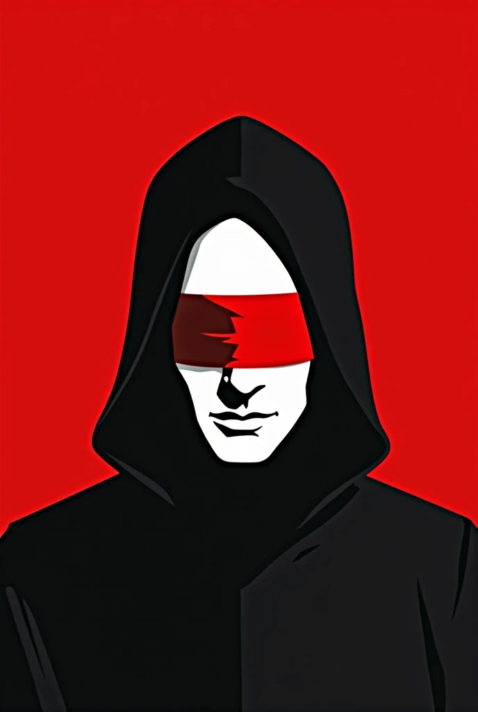A stylized Art vectoriel portrait of Assassins Creed with a black and white face, partiellement obscurci par une bande rouge audacieuse sur ses yeux et sa bouche. L'arrière-plan est rouge uni. La figure semble solennelle, Art vectoriel, symmetrical