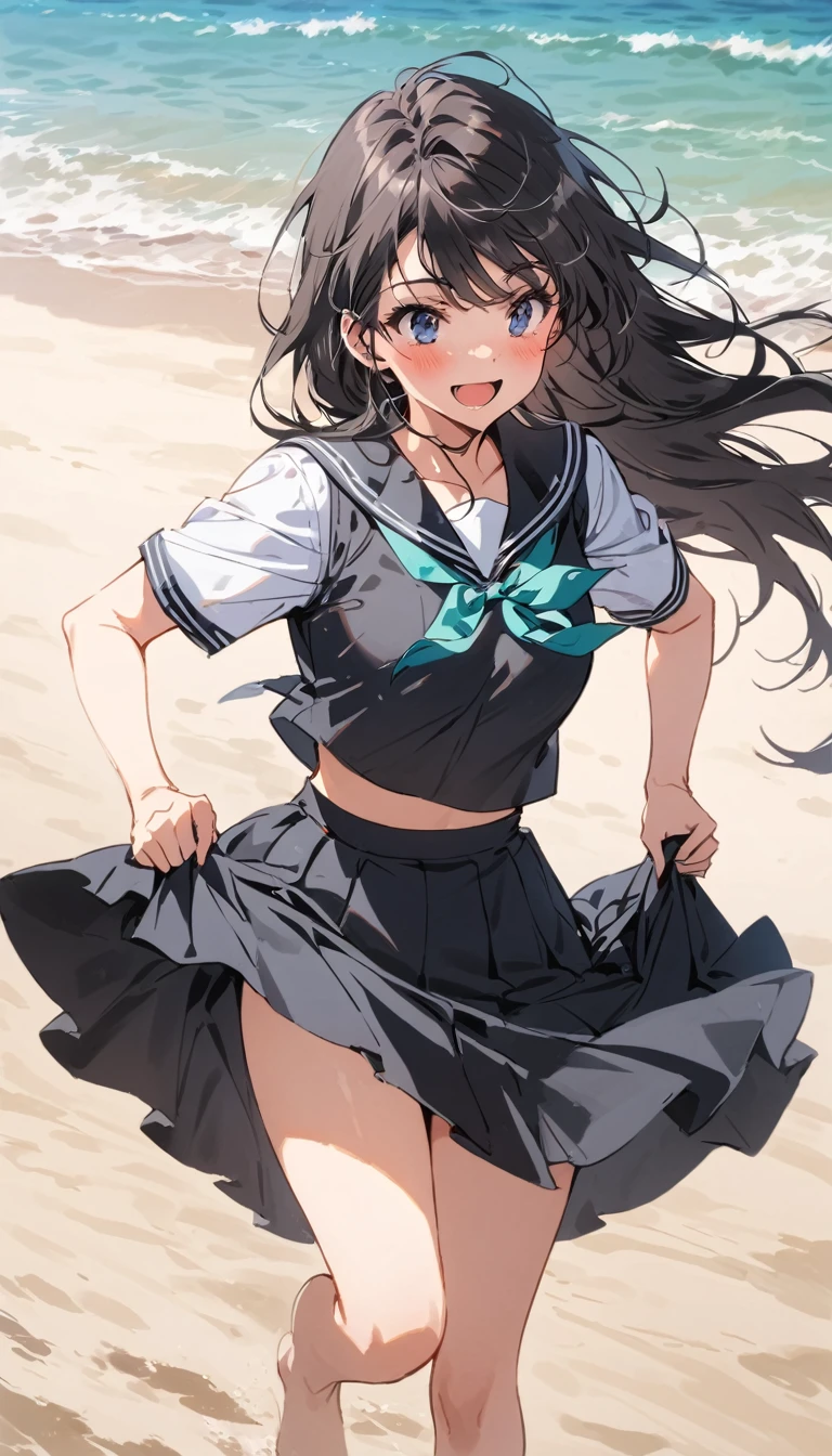 high school girl　beauty　Black Hair　smile　Embarrassing　blush　Black Sailor Suit　The wind flips up my skirt　Pure white underwear　tits　Get excited　Lift up the skirt　Sandy Beach　Strong winds　Photograph the whole body