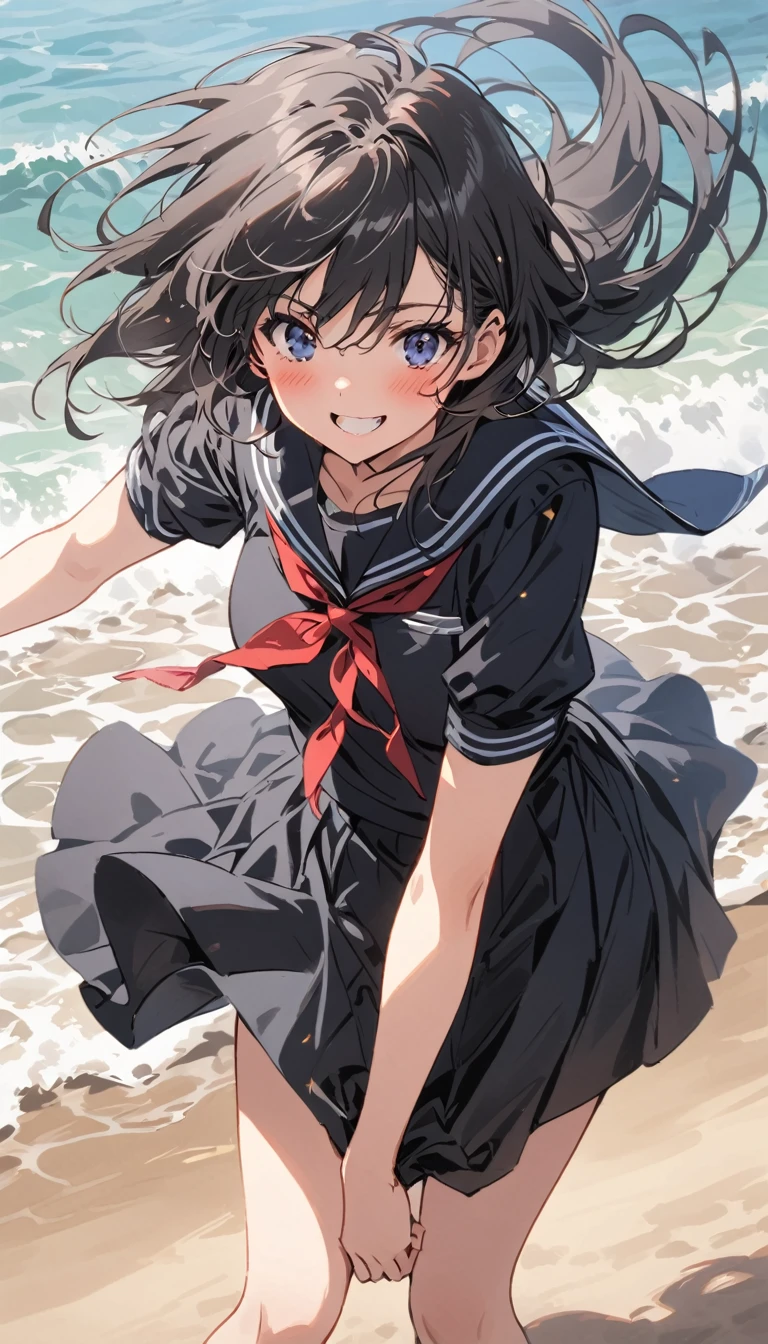 high school girl　beauty　Black Hair　smile　Embarrassing　blush　Black Sailor Suit　The wind flips up my skirt　Pure white underwear　tits　Get excited　Lift up the skirt　Sandy Beach　Strong winds　Photograph the whole body