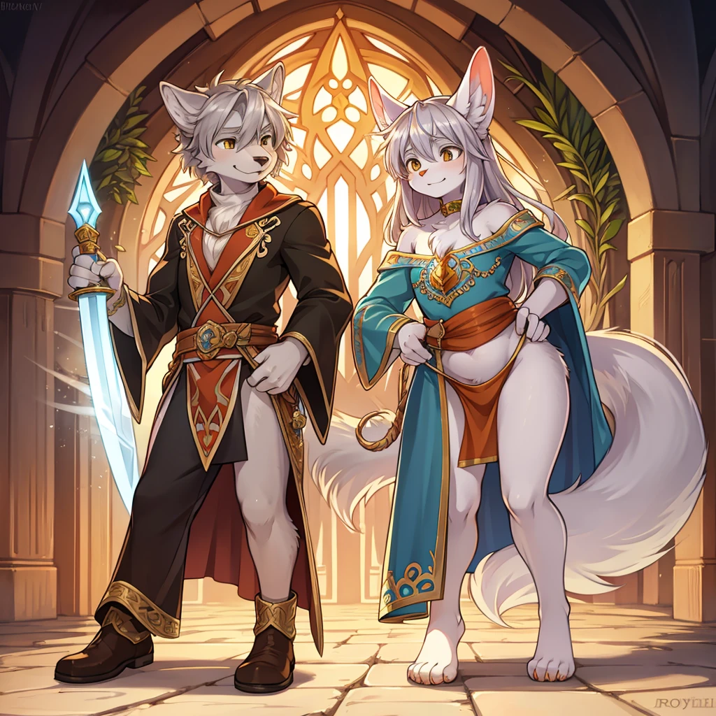 Mucha style , Adventure fantasy, the magician old silver wolf , with the droopy-eared swordsman orange rabbit girl