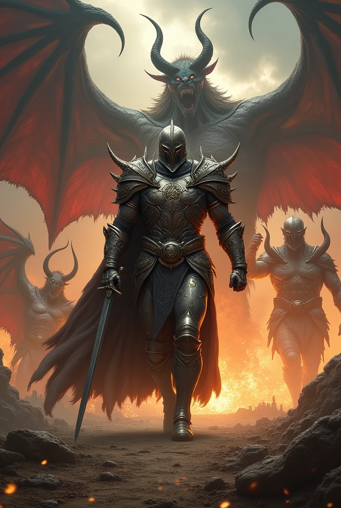 imposing man in armor entering into battle against epic demons