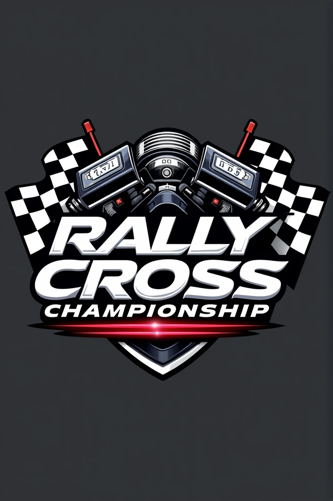 make a logo for a rally championship, I want it to have checkered flags and an engine behind the letters on the sides and the logo to be called rally cross championship