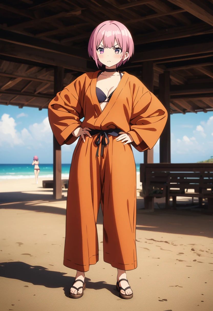 (Highest quality, 4K, 8k, High resolution, masterpiece:1.2), Very detailed, Picturesque, Animated Photography, Photo Animation:1.37)、A Japanese schoolgirl、(Pink Hair)、(Pixie Cut)、bikini、(bikini color:random)、angry、black choker、standing、crossed arms、on beach、Full body photography、Nakano ichika
