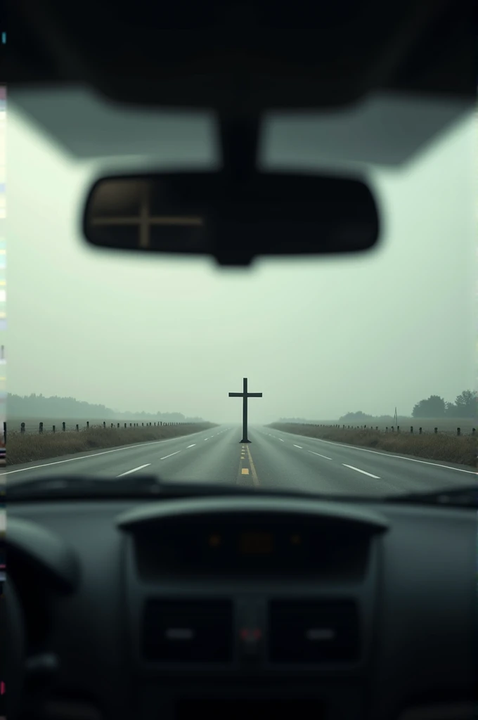 Looking through the rearview mirror of the car and seeing the empty cross of Christ