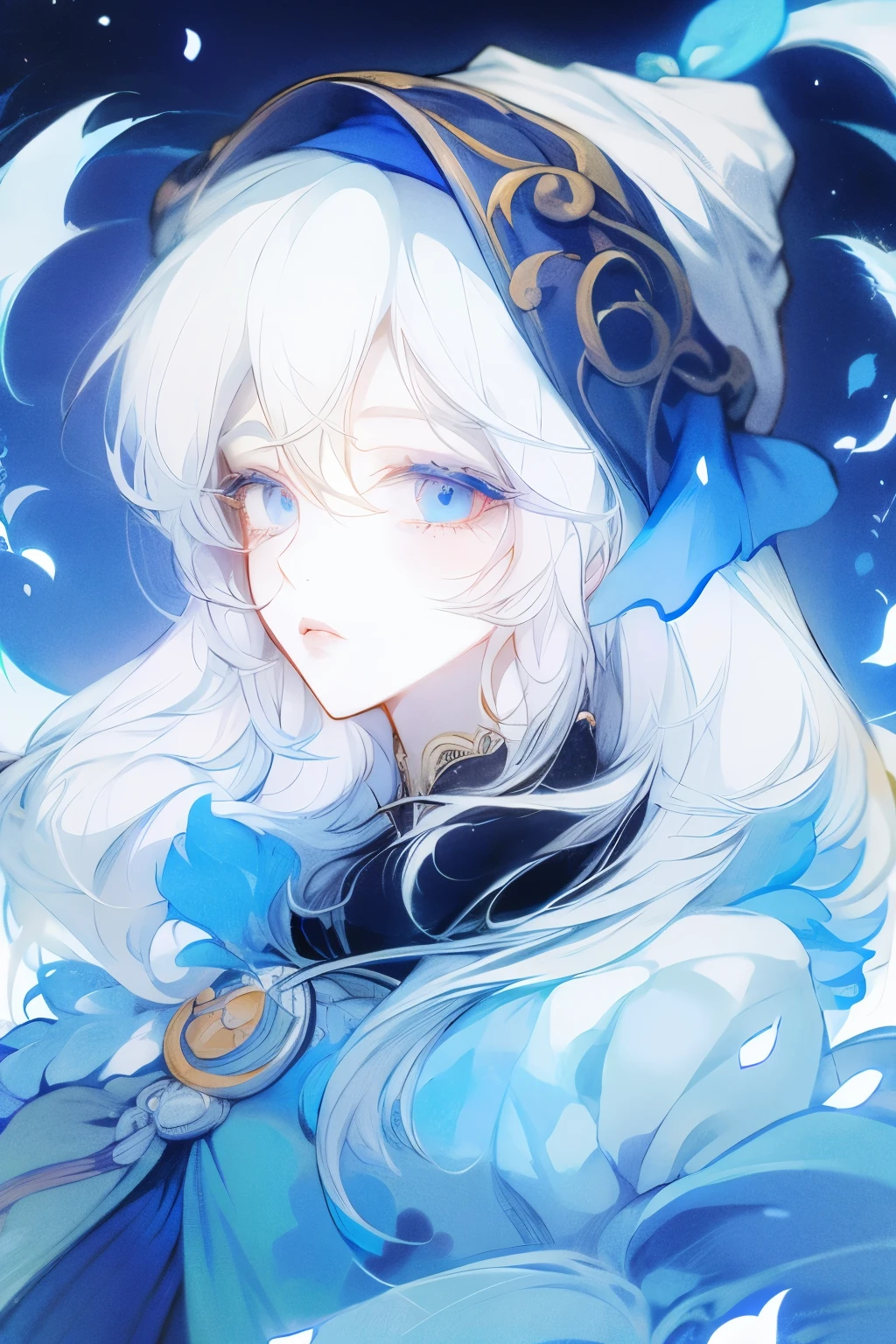 Has white hair and a headscarf，Blue Eyes，Expressionless girl，Presented in anime style
