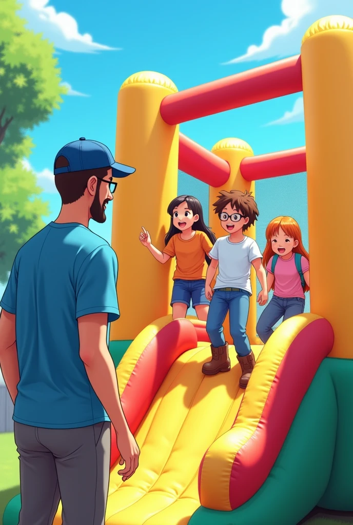 advertising poster showing children playing in their decent clothes on a bounce house with a slide, where everything is very safe for everyone and there is an adult watching over who has a short, closed beard and a cap and a blue t-shirt and boots and glasses that looks like a 2D Japanese anime drawing.