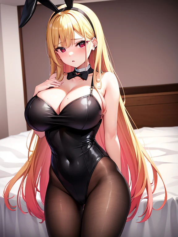 Shot in the bedroom,Show the whole body,Are standing,One girl、Marine Kitagawa, Marin Kitagawa , Blonde Hair, Ear Piercing, Long Hair,Wearing piercings, Red Eyes, Straight Hair, Swept bangs, Gradient Hair,Blonde to pink hair,Beautiful Skin,Big Breasts,Cleavage,Black Bunny Girl,Black rabbit earsのカチューシャ,Black rabbit ears