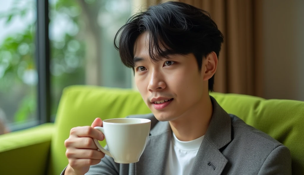 A Japanese male college student wearing fashionable clothes is looking into the distance while drinking tea on a green sofa with a bright expression,Excited, Photo of your face, In the room, with a natural look, With a slightly tired look, tilt your face a little, Diagonal orientation, Average face