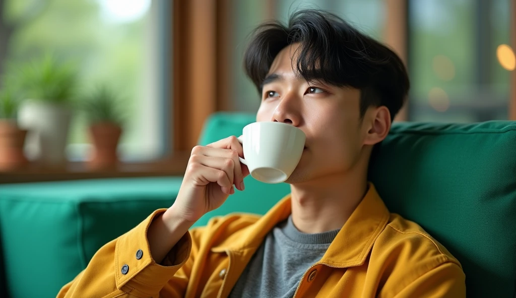 A Japanese male college student wearing fashionable clothes is looking into the distance while drinking tea on a green sofa with a bright expression,Excited, Photo of your face, In the room, with a natural look, With a slightly tired look, tilt your face a little, Diagonal orientation, Average face