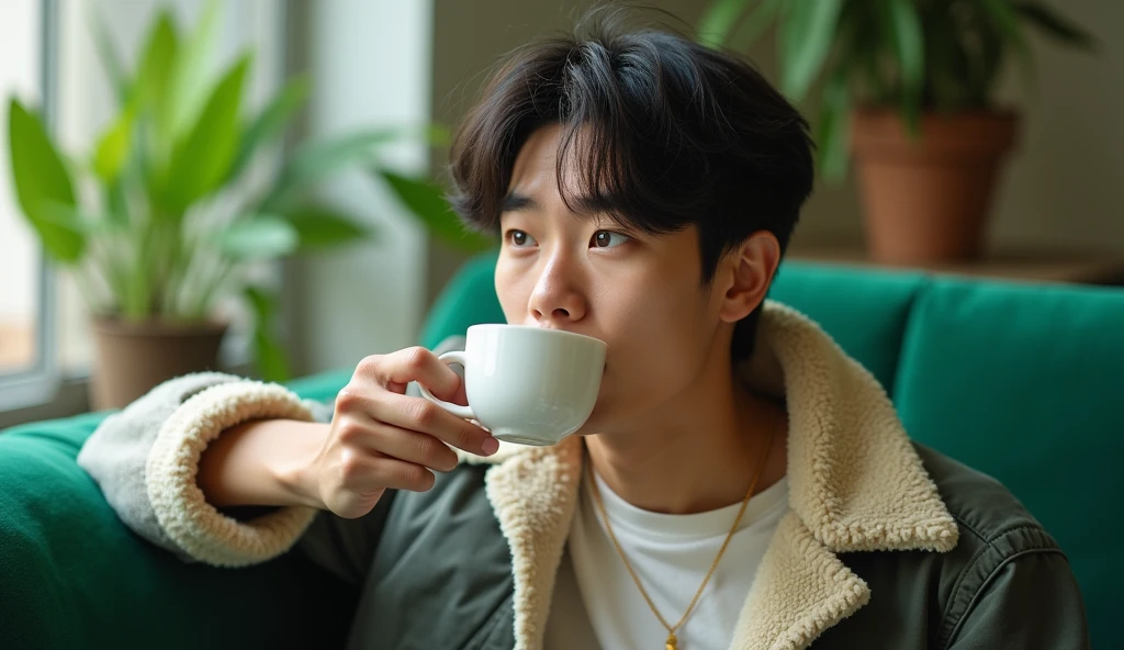 A Japanese male college student wearing fashionable clothes is looking into the distance while drinking tea on a green sofa with a bright expression,Excited, Photo of your face, In the room, with a natural look, With a slightly tired look, tilt your face a little, Diagonal orientation, Average face